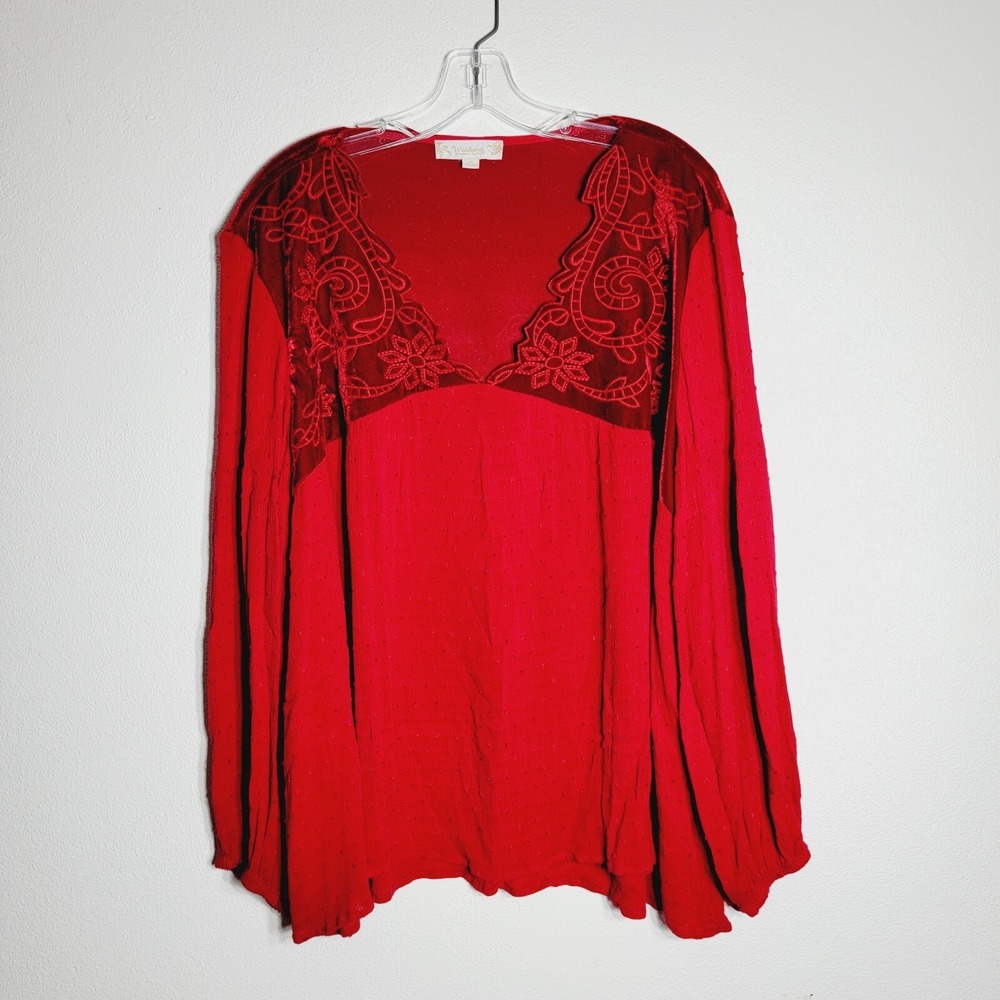 Suzanne Betro Womens Red Peasant Top‎ Plus Size 3X Balloon Sleeve Velvet Boho